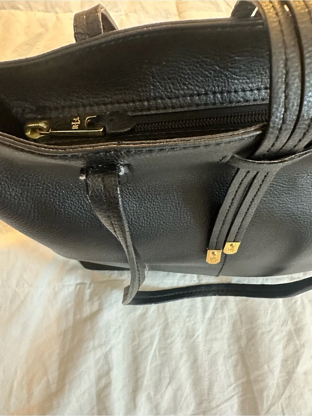 Lauren Ralph Lauren Black Leather Tote with Drawstring Detail